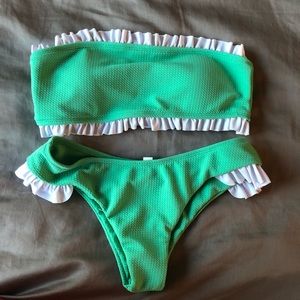 She in green ruffle bandeau bikini